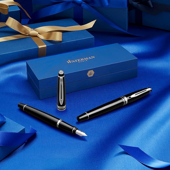 Waterman Expert Fountain Pen, Matte Black with Chrome Trim, Medium Nib with Blue Ink Cartridge, Gift Box