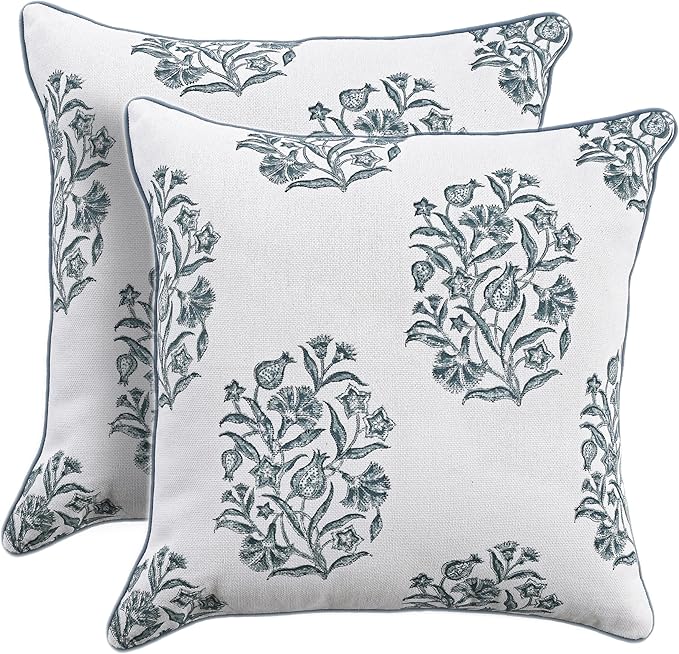 CPC Indigo Blue Block Print Throw Cushion Cover 18 x 18 Inch Set 2 - Decorative Boho Floral Pillow Case for Living Room, Bed, Sofa, Couch, Home Decor Cushion Cover Gift for Spring, Mother's Day