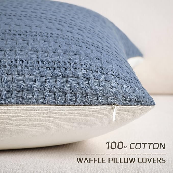 ZeeMart 100% Cotton Waffle Textured Throw Pillow Covers Set of 2, 24x24 Inch Blue, Soft Farmhouse Decorative Couch Pillow Cases Blue Cushion Covers for Sofa Bed Living Room Home Decor