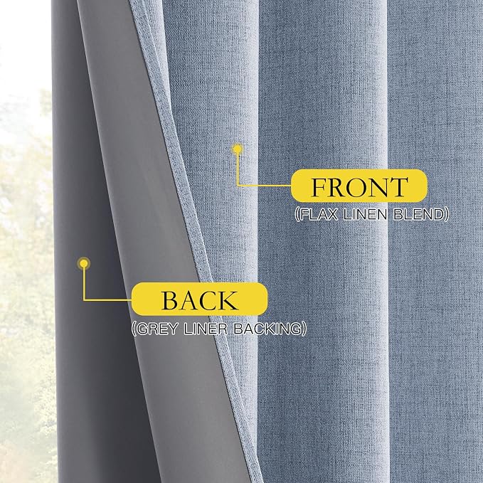 NICETOWN Linen Full Blackout Curtains 52 x 80 inch Panels, Full Bedroom Light Blocking, Thick Linen Blend Rod Pocket & Back Tab Draperies with Liners for Home Theater(Set of 2, Stone Blue)