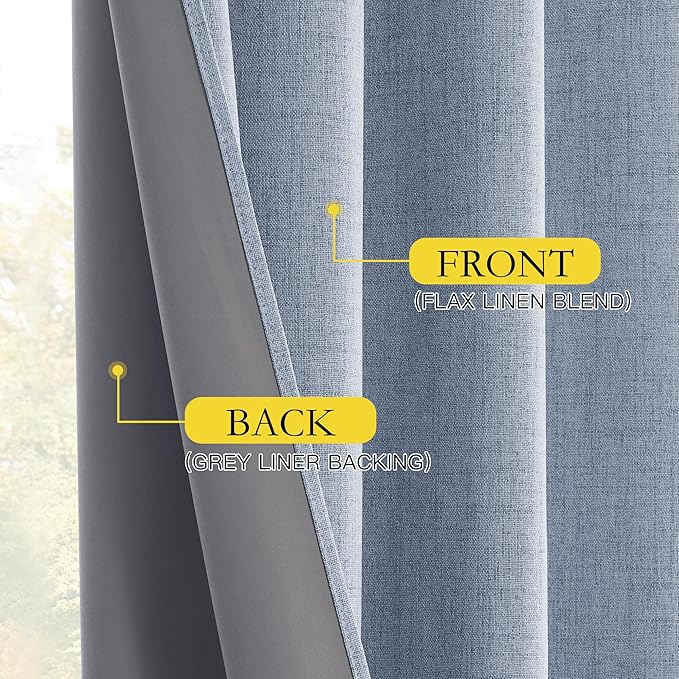 NICETOWN Full Blackout Linen Curtains 108" Length with Thermal Insulated Liners for Living Room, Farmhouse Style Keep Cool & Warm Large Window Drapes for Hall (Stone Blue, 2 Panels, 52" Wide)