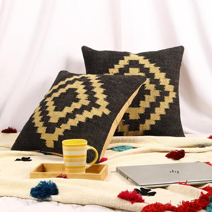 Trade Star Set of 2 Throw Pillow Covers Kilim Cushion Covers Handloomed Rug Decorative Cushion case Handwoven Pillowcase 18x18 Inches Designer Jute Wool Cushion Cover (Kilim 20)