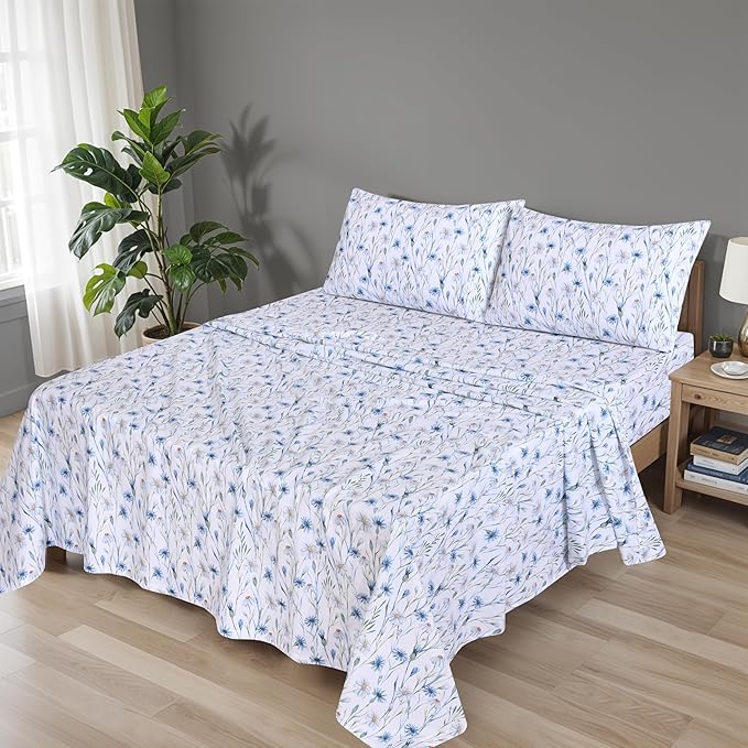 RUVANTI 100% Cotton Organic Percale Sheets King Size – Crisp Cooling Bed Sheets for Hot Sleepers, Deep Pocket 15”, Soft Peach Finish, Breathable & Durable Hotel-Style 4 Pcs, Daisy Bud