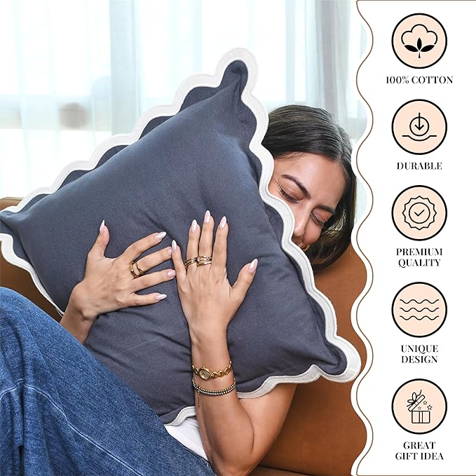 Folkulture Throw Pillow Covers 20x20, Set of 2 Cotton Scalloped Pillow Cover, Decorative Pillows, Cute Outdoor Pillows, Boho Throw Pillows for Couch, Gray Pillow Covers, Couch Pillows for Living Room