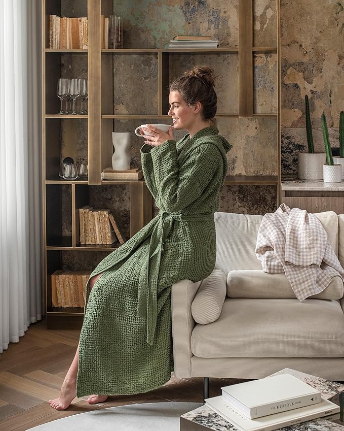 Magic Linen - Unisex Waffle Bathrobe, Hooded Linen-cotton Blend Bath Robe, Lightweight Robe for Women and Men