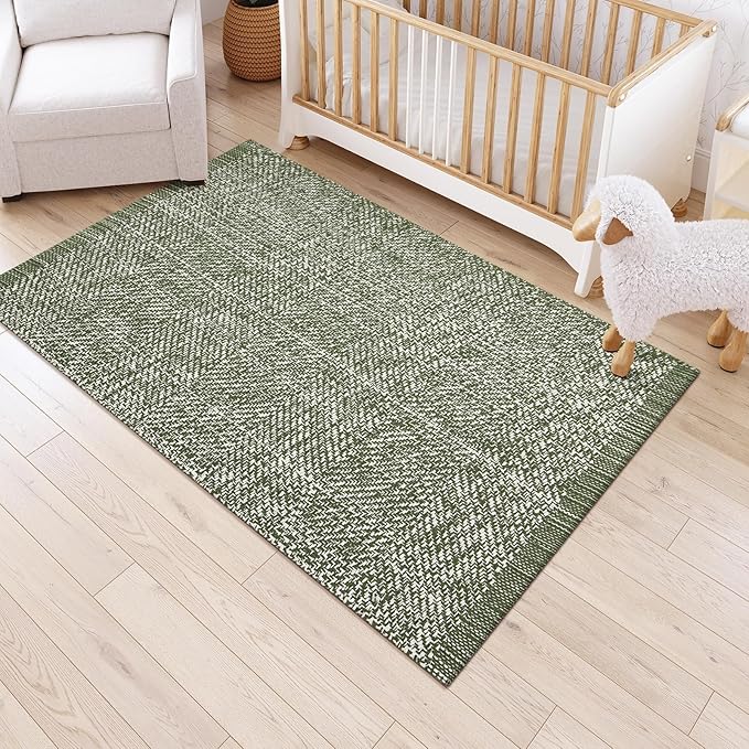 LEEVAN Washable Area Rug 4x6, Hand-Woven Cotton Living Room Rug, Green Braided Bedroom Rug, Farmhouse Indoor/Outdoor Floor Carpet for Patio, Nursery, Office, Playroom, Dining Room