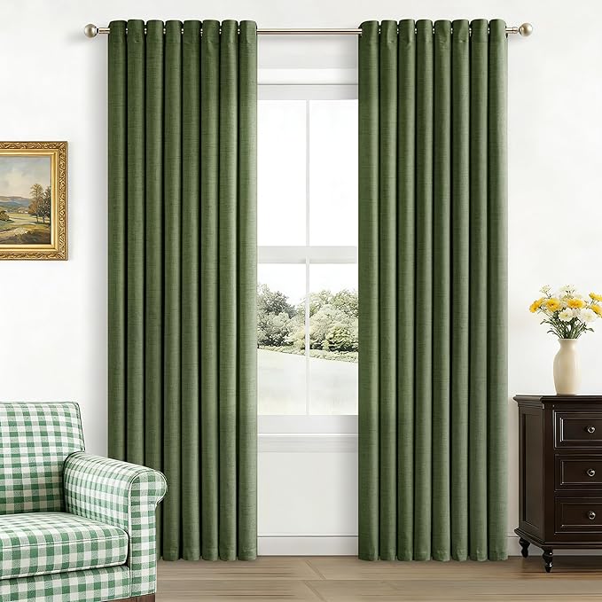 84 Inch Length 2 Panels Set Moss Green Linen Curtains Olive Green Light Filtering Semi Sheer Grommet Drapes Thick Linen Privacy Non-See-Through Curtain for Living Room 52x84