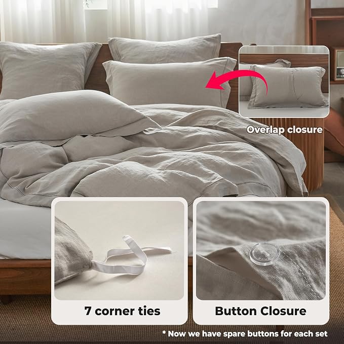 Simple&Opulence 100% Washed Linen Duvet Cover with Embroidered,3 Pieces Soft Farmhouse Comforter Set with Button Closure,1 Duvet Cover and 2 Pillowshams(King,Light Grey)