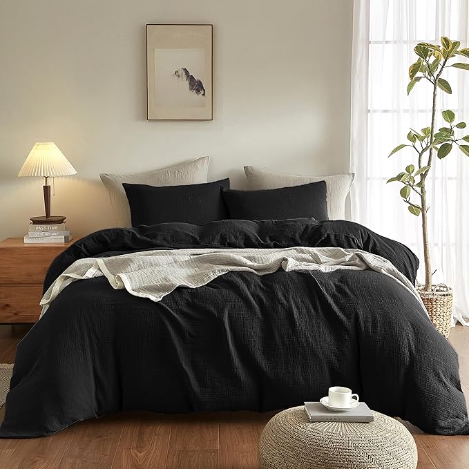 SE SOFTEXLY Muslin Duvet Cover Queen Size, 100% Washed Cotton Duvet Cover Set, Ultra Soft Comforter Cover Linen Like, 3 Pieces Minimalist Gauze Duvet Cover with 2 Pillowcases, 90"x90", Black