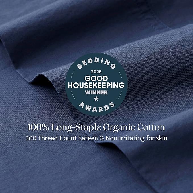 Double Stitch 100% Organic Cotton Sheets, King Size Sheets Set, GOTS Certified Long Staple Cotton Bedsheets, Luxury & Soft Hotel Bed Sheets with 16 inches Deep Pocket, Made in India Navy