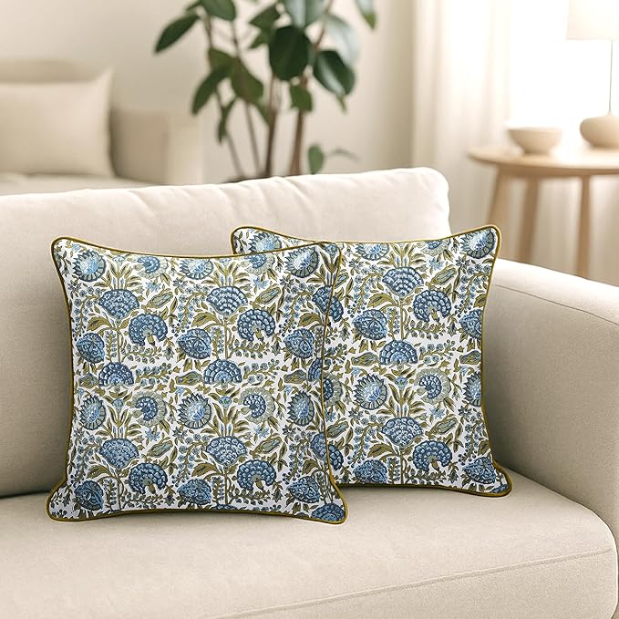 SheetKart Pure Cotton Throw Pillow Covers - Set of 2 - Hand Block Pure Cotton Printed Boho Decorative Pillow Covers - Cushion Covers for Living Room, Bohemian Theme, 17 x 17 Inches, Midnight Olive