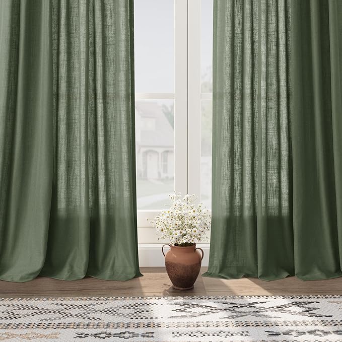 Nanspring Olive Green Linen Sheer Curtains 54 Inch Length 2 Panel Set Back Tab Rod Pocket Semi Sheer Light Filtering Short Curtain Soft Elegant Aesthetic Small Window Drapes for Bathroom 52x54