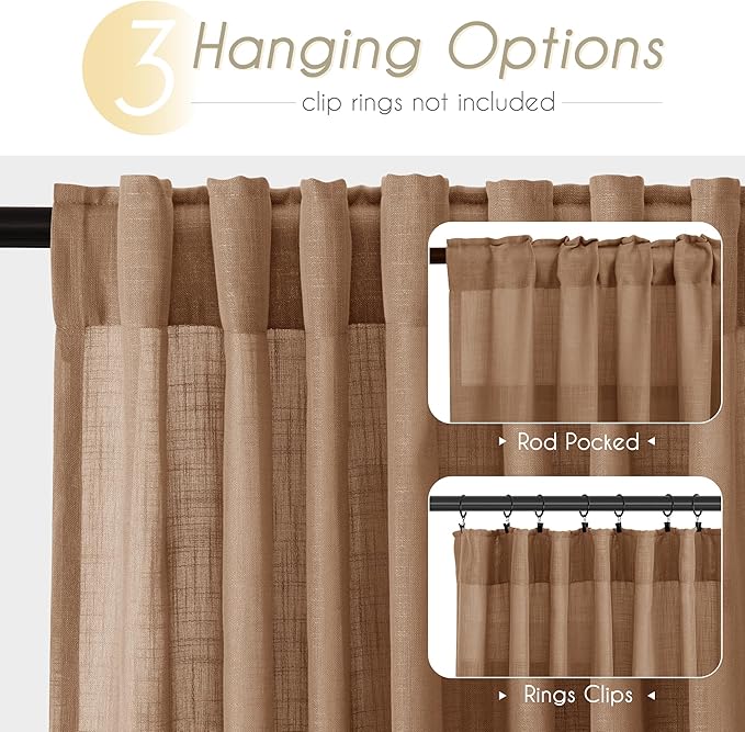 Brown Curtains for Living Room Back Tab Modern Farmhouse Semi Sheer Brown Curtains 72 inches Long 2 Panels Set Muted Neutral Window Curtain for Dining Room Bedroom 52x72