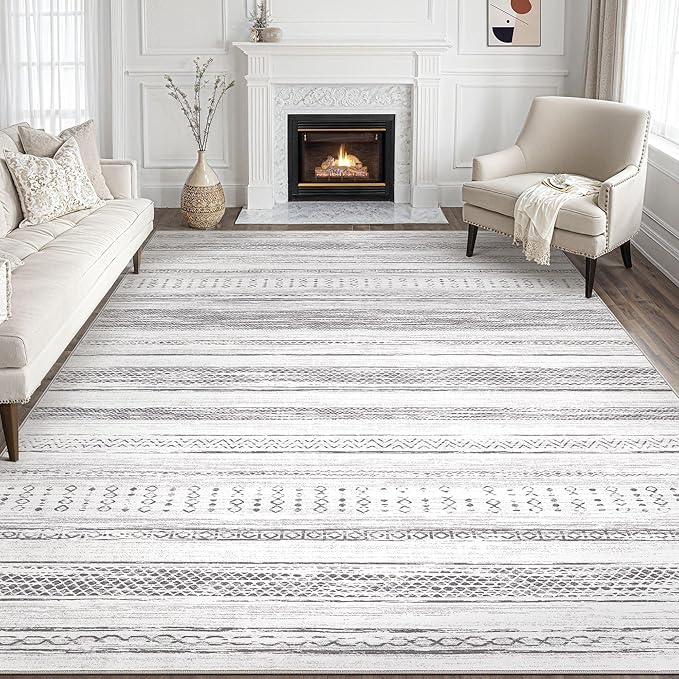 Tortania Area Rug Living Room Rugs - 8x10 Washable Large Soft Neutral Boho Moroccan Bohemian Farmhouse Rug Indoor Floor Carpet for Bedroom Under Dining Table Home Office Decor - Light Grey