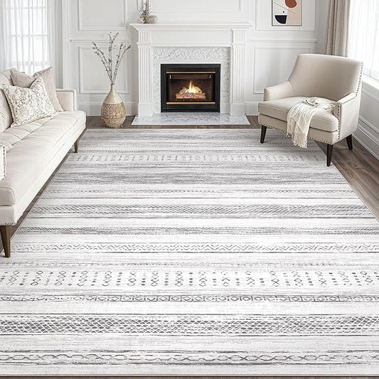 Area Rug Living Room Rugs - 10x12 Washable Large Soft Neutral Boho Moroccan Bohemian Farmhouse Rug Indoor Floor Carpet for Bedroom Under Dining Table Home Office Decor - Light Grey