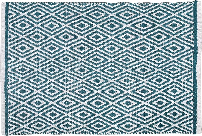 Chenille Cotton Diamond Rug 21x34 Inches - Teal, Reversible Small Soft Washable Front Door Mat Ideal for Kitchen, Entryway, Bathroom | Green Farmhouse Boho Accent Indoor Throw Rugs for Patio