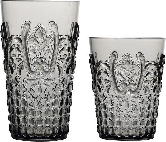 KLIFA- BLOIS- 15.2 & 20.5 ounce, Set of 8, Acrylic Tumbler & Highball Drinking Glasses Cups, BPA-Free, Stackable Plastic Drinkware, Dishwasher Safe, Vintage Looking Cups, Gray-Black