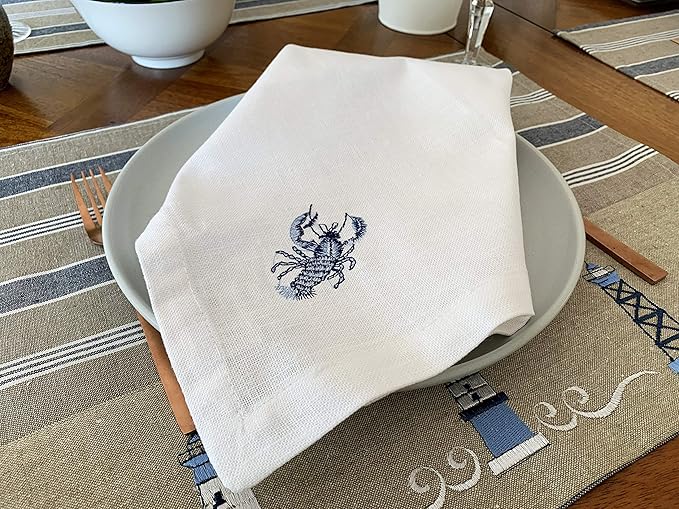 White Linen Dinner Napkins - 100% Linen Cloth - Fully Hemmed with Mitered Corners - Washable - Pack of 4 (Nautical Marine Embroidered)