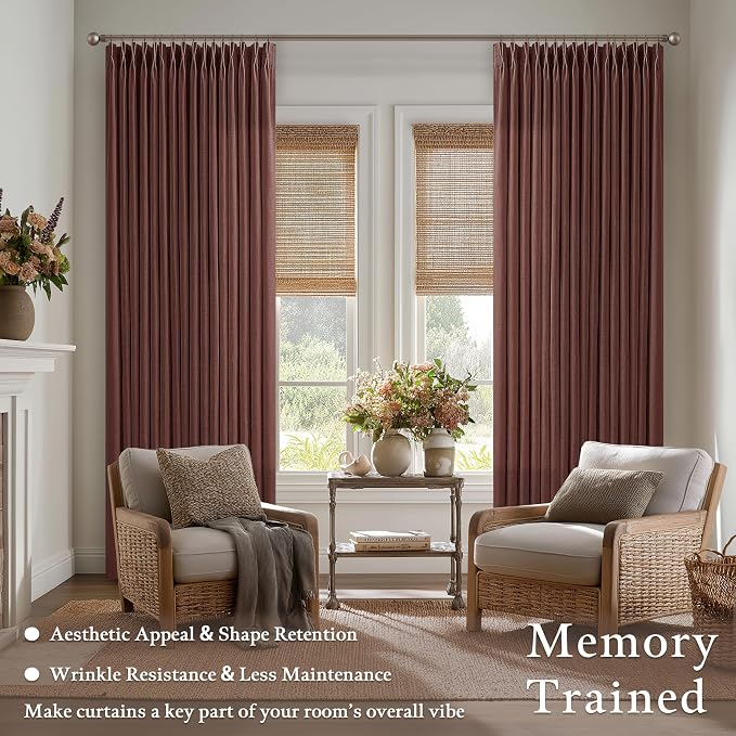 Pinch Pleated Thick Linen Curtains 90 Inches Long for Living Room Bedroom Rustic Memory Shaped Semi Sheer Privacy Reddish Brown Pleat Drape Back Tab Light Filtering Patio Door Curtain 2 Panels 50x90