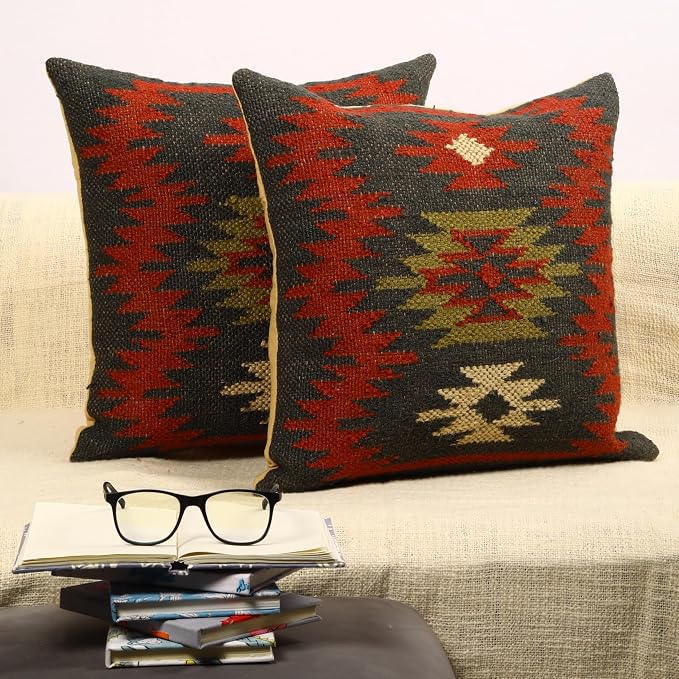 Trade Star Set of 2 Kilim Cushion Covers Throw Pillow Cover 70% Jute 30% Wool Pillows Handwoven Pillowcase 18x18 Inches Designer Handloomed Rug Decorative Cushion case (Kilim 19)
