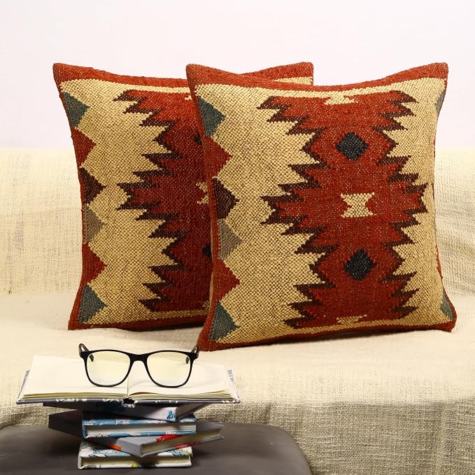 Trade Star 70% Jute 30% Wool Pillow Shams Handwoven Pillow Case Throw Pillow Cover Set of 2 Kilim Cushion Cover Indian Jute Pillow Cover for Home Decor Thich Rug Designer Cushion Case