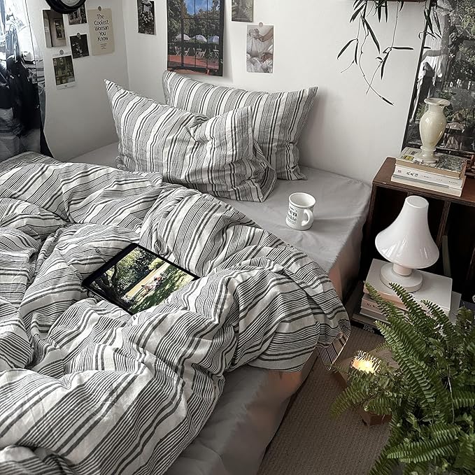 mixinni Vintage Gray & White Striped Duvet Cover Set - 3 Piece 100% Washed Cotton Full Size Bedding | Minimalist Gender-Neutral Design | Ultra-Soft Breathable, with Zipper Closure & Corner Ties