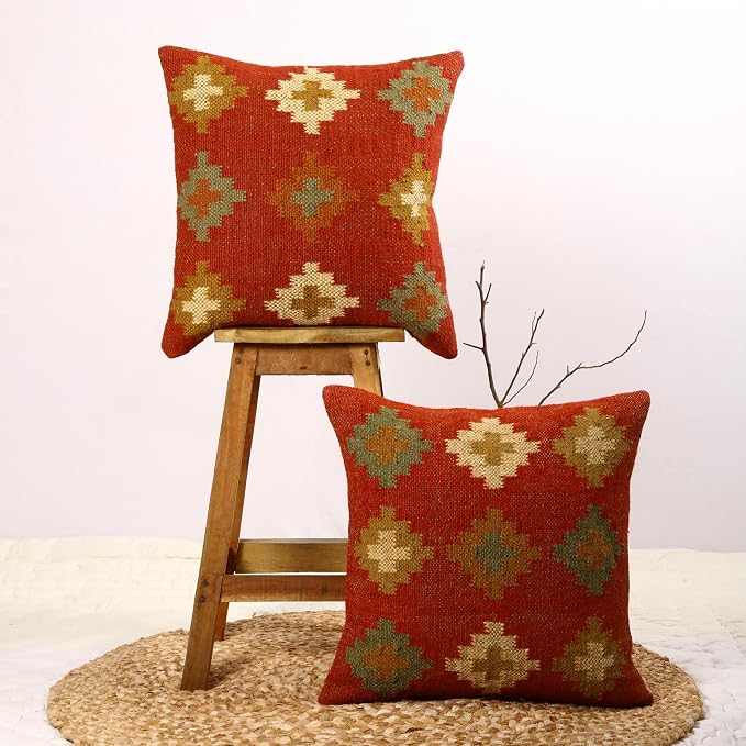 Trade Star Handwoven Pillowcase Set of 2 Throw Pillow Cover 70% Jute 30% Wool Kilim Cushion Cover Beautiful Cushion Case Decorative Authentic Pillow for Outdoor (Kilim 7)