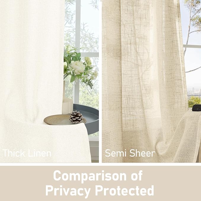 LAMIT 90 Inch Linen Curtains for Living Room 2 Panel Set, Ivory Thick Linen Textured Grommet Curtains Light Filtering Privacy Window Panels for Bedroom/Sliding Glass Door/French Door, 52 x 90 Inch
