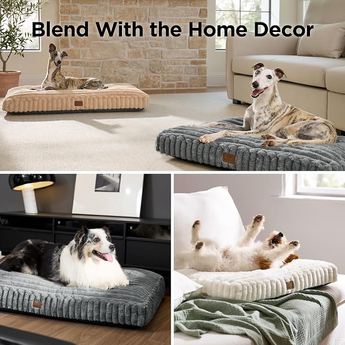 Bedsure ComfyFleece™ Dog Bed Large Sized Dog Crate Pillow 35x22 Sandy Beige | Aesthetic Crate Bed for Balanced Support Cute Chopped Foam Pad with Removable Washable Cover Non-Slip Waterproof Cozy Pet Mat