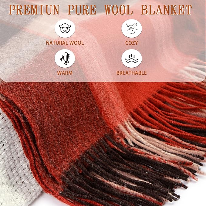 Soft Pure Wool Throw Blanket, Lightweight Warmth, 55"x83", Plaid, Fringe, Compact with Bag, Useful Gift for Women Men, All Season Decorative Cozy Travel Blanket for Couch Bed, Outdoors