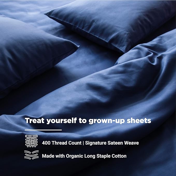 FABDREAMS 100% Organic Cotton Twin XL Sheet Set |400 Thread Count|Luxury Hotel Collection|GOTS Certified Premium Long Staple Cotton|Elasticised 16" Deep Pockets|Smoother than Egyptian Cotton|Dark Blue