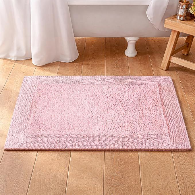 Bedding Craft Cotton Bath Mat Rug 21x34, Reversible Bathroom Rug, Water Absorbent, Machine Washable, Soft Cloth Bathmat for Outside Bathtub, Chalk Pink