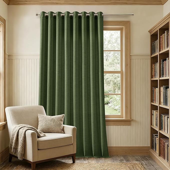 Linen Curtains Extra Wide 100 Inch Olive Green Room Divider Semi Sheer 96 Inch Length Patio Sliding Door Curtains Large Window Curtains Grommet Farmhouse Curtains for Bedroom 1 Panel
