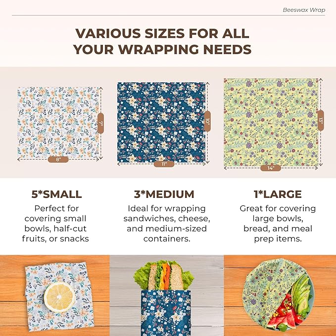Reusable Beeswax Food Wraps 9-Pack | Organic Eco-Friendly Sustainable Plastic-Free for Sandwiches, Bread, Produce & Leftovers | Zero Waste Food Storage Variety Pack (1XL, 3M, 5S)