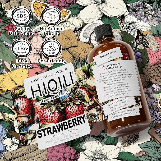 HIQILI Strawberry Fragrance Oil, DIY Fruity Scent Perfume - 5.07 Fl Oz | Suitable for Diffuser Use, Great for Candle, Soap, Body Butter Making, Long-Lasting Aroma, Graduated Dropper Included