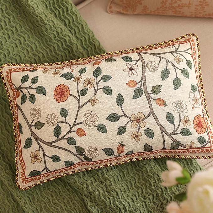 ISAENNE Design Linen Classic Throw Pillow Covers 12"x20" Pack of 2, French Farmhouse Rectangle Cushion Covers with Orange White Floral Pattern Decor Pillowcases for Bed,Living Room,Outdoor,Car