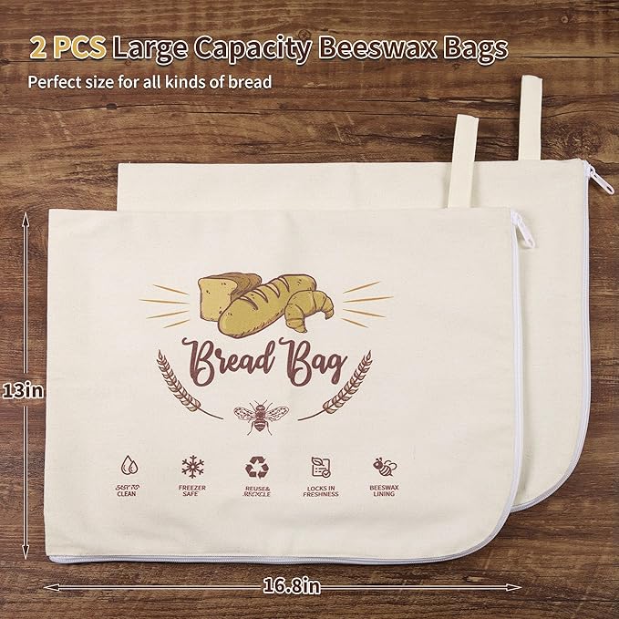 2 Pack Beeswax Bread Bags with L-Shaped Zipper, X-Large Easy-Access Reusable Wrap for Sourdough & Baguettes, Sustainable Organic Cotton Food Storage, Zero Waste Artisan Bread Protector