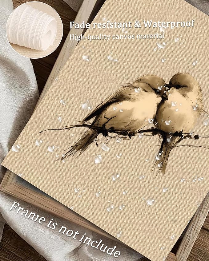 Vodefoad Vintage Love Birds Sketch Wall Art, Neutral Romantic Art, Cottage Valentine Spring Bird Canvas Painting, Romantic Country Style Interior Design Wall Decor for Bedrooms, Nurseries, Gallery, Bathroom - 8x10Inch Unframe