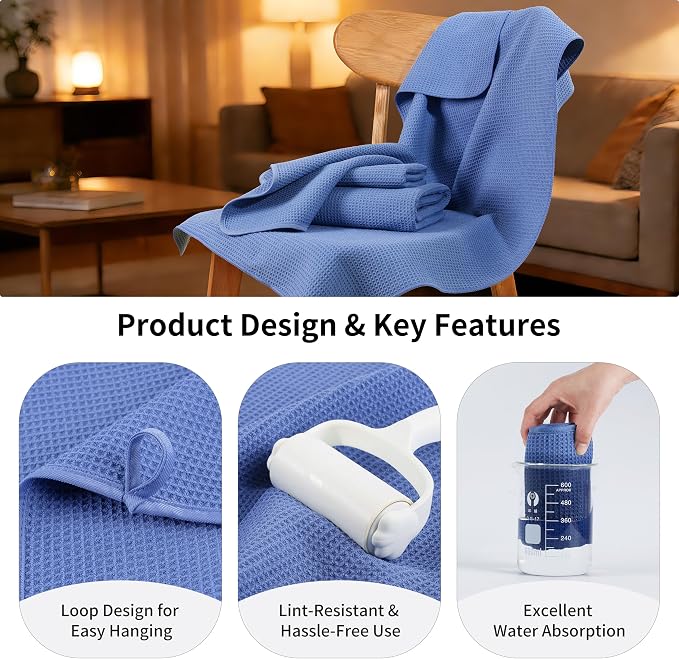 MICROFI Waffle Weave Bath Towel Set, Microfiber, 4 Pieces (Body/Hair/Hand/Face), Quick Dry, Lightweight, Super Absorbent, Lint Free, 380 GSM (Dark Blue)