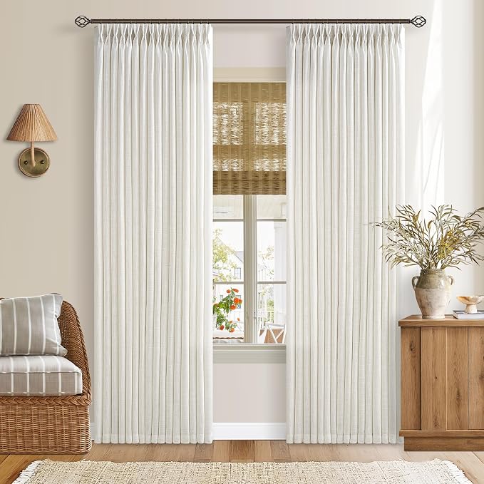 Pinch Pleated Linen Curtains 100 Inches Long for Living Room Bedroom Pinch Pleat with Rings Hooks for Track System Back Tab Memory Trained Boho Farmhouse Semi Sheer 100 Inch Curtain for Dining Room