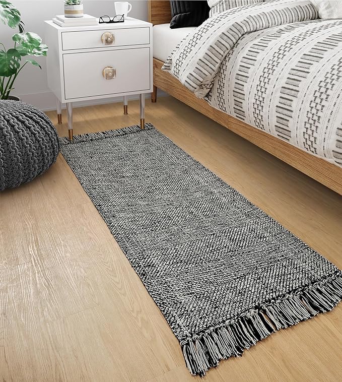 Collive Hallway Runner Rug, 2' x 5' Soft Washable Kitchen Runner Rug, Black Contemporary Modern Laundry Room Rugs Indoor Hand-Woven Cotton Carpet for Bedroom Entryway Front Door Farmhouse