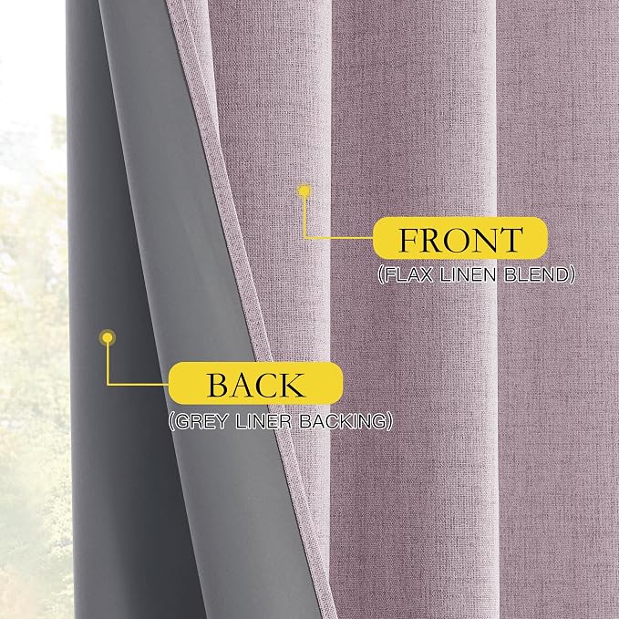NICETOWN 100% Blackout Curtains for Living Room, 52" Wide Per Panel, Set of 2, Muted Lavender Thermal Insulated Curtains 84" Long, Linen Blend Noise Reducing Window Treatment Drapes for Hall Room