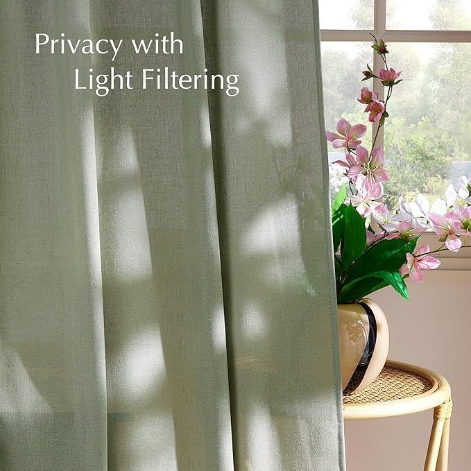 NICETOWN Thick Linen Living Room Curtains 96 inches Long, Rod Pocket & Back Tab Privacy Added Flax Window Drapes for Living Room/Farmhouse, Greyish Green, W55 x L96, 2 Panels