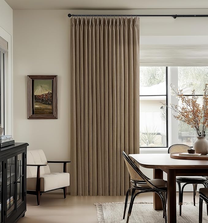 TWODRAPES 100 Inch Pinch Pleated Linen Curtains 2 Panels Set for Living Room Bedroom Dark Brown Farmhouse Boho Linen Blend Back Tab Curtain with Hook Rings 50 Inch Wide Semi Sheer Window Drape