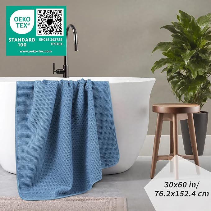 POLYTE 380 GSM Microfiber Oversize Quick Dry Lint Free Waffle Bath Towel for Body, 60 x 30 in, Set of 2