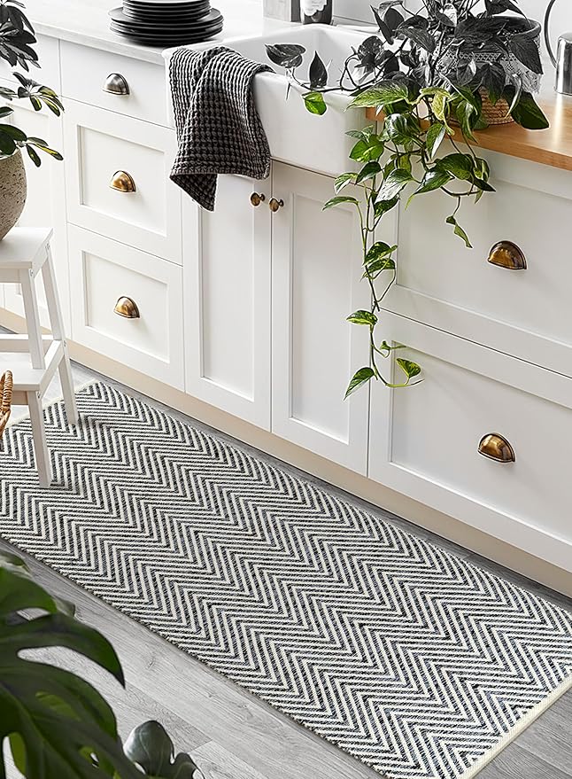 Cotton Chevron Hand Woven Area Runner Rug 2x6 Feet - Charcoal, Farmhouse Decorative Floor Runners Ideal for Hallways, Kitchen, Bedroom | Nursery Durable Geometric Reversible Living Space Patio Mats