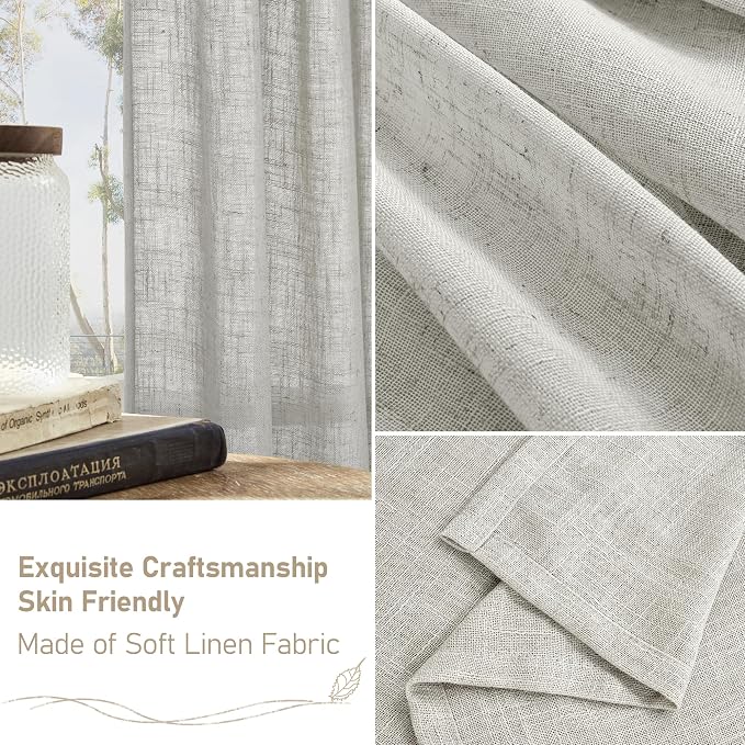 LAMIT Faux Linen Curtains 63 inches Long for Bedroom, Back Tab and Rod Pocket Thick Linen Drapes Light Filtering Semi Sheer Window Curtains for Living Room, 2 Panels (52 x 63 Inch, Light Grey)