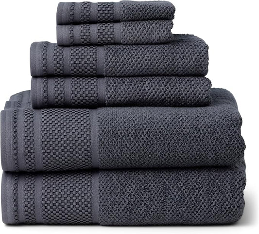 Texere 100% Organic Cotton Rice Weave Jacquard 700 GSM Luxury Bath Towel Sets - Ultra Soft and Absorbent Hotel Quality, 2 Large Bath Towels, 2 Hand Towels, 2 Washcloths (Rice Weave, Charcoal, 6 Piece)