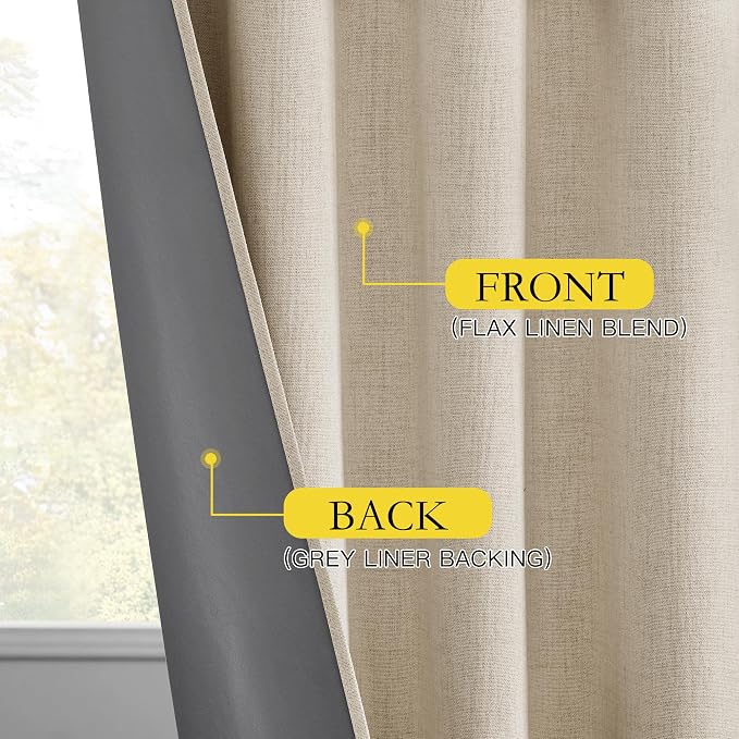 NICETOWN Beige Bedroom Full Blackout Linen Curtains, Thick Insulated Classic Rod Pocket Back Tab Blackout Draperies with White Thermal Insulated Liner for Nursery, Study (Set of 2, 52 by 72-inch)