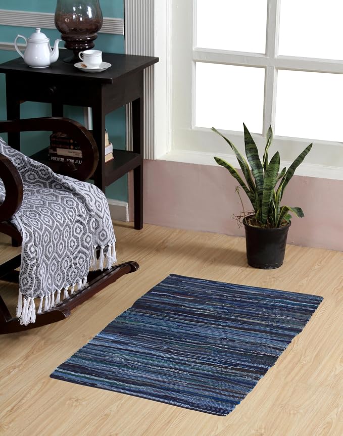 Handmade Cotton Chindi Rug Rectangular Area Rag Washable Recycled Rugs for Home Décor, Living Room and Bedroom (NavyBlue, 2X3 Feet)